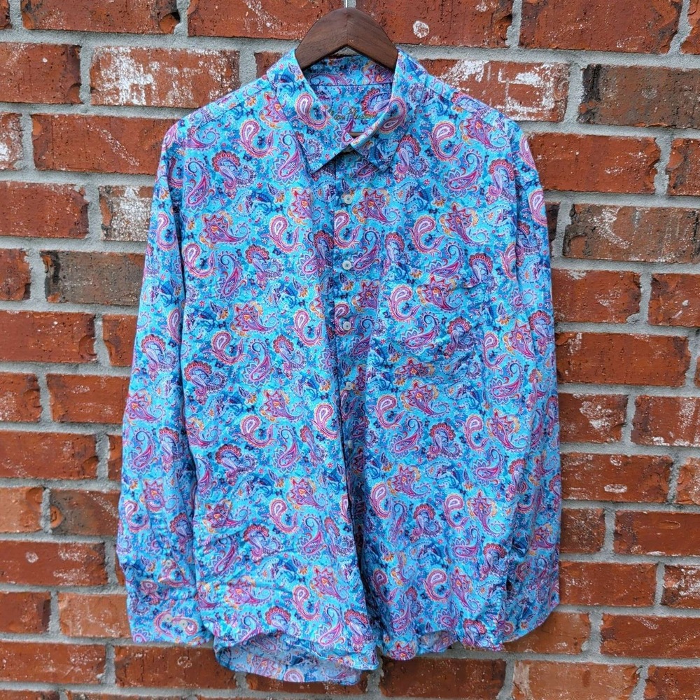 Alan Flusser Paisley Button Down Mens XXL Blue Multi Long Sleeve Cotton Shirt